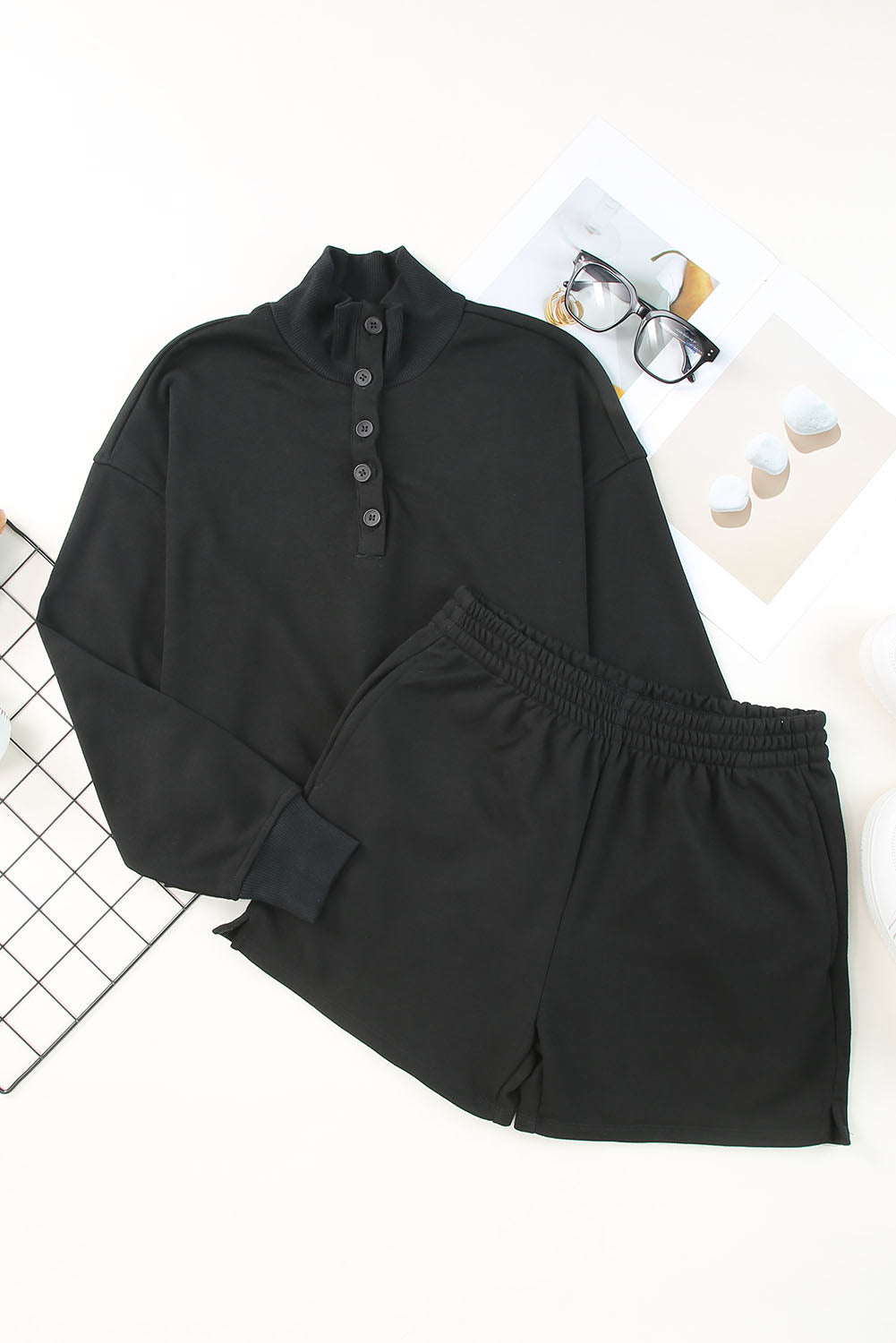 Black Casual High Neck Henley Top and Short Outfit