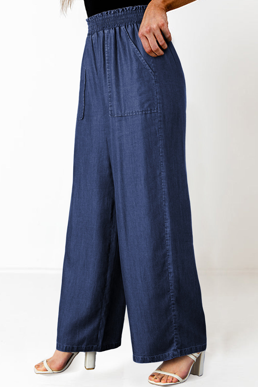 Black Side Pockets Frilled Smocked High Waist Wide Leg Jeans