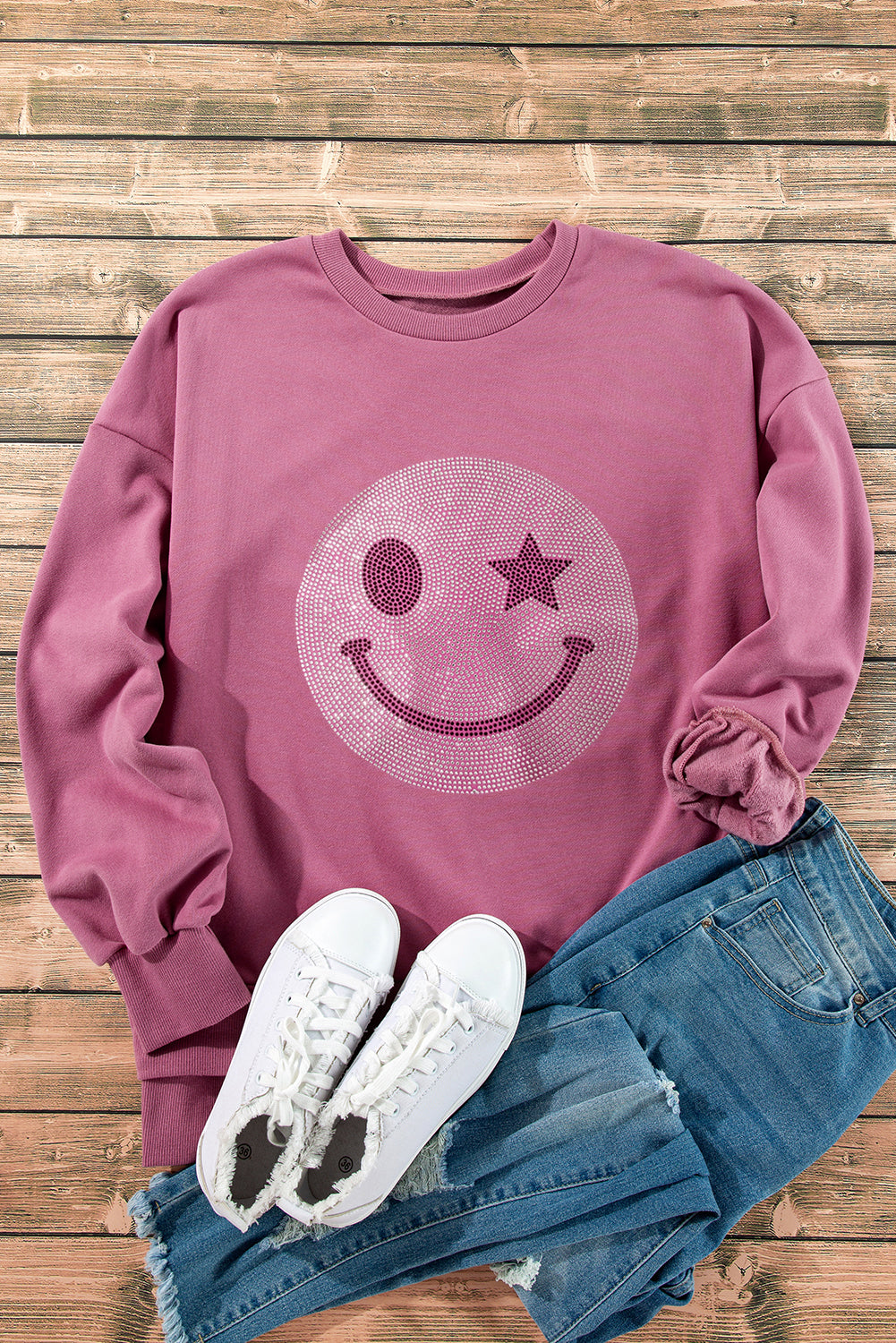 Black Rhinestone Smile Face Pattern High Low Hem Sweatshirt