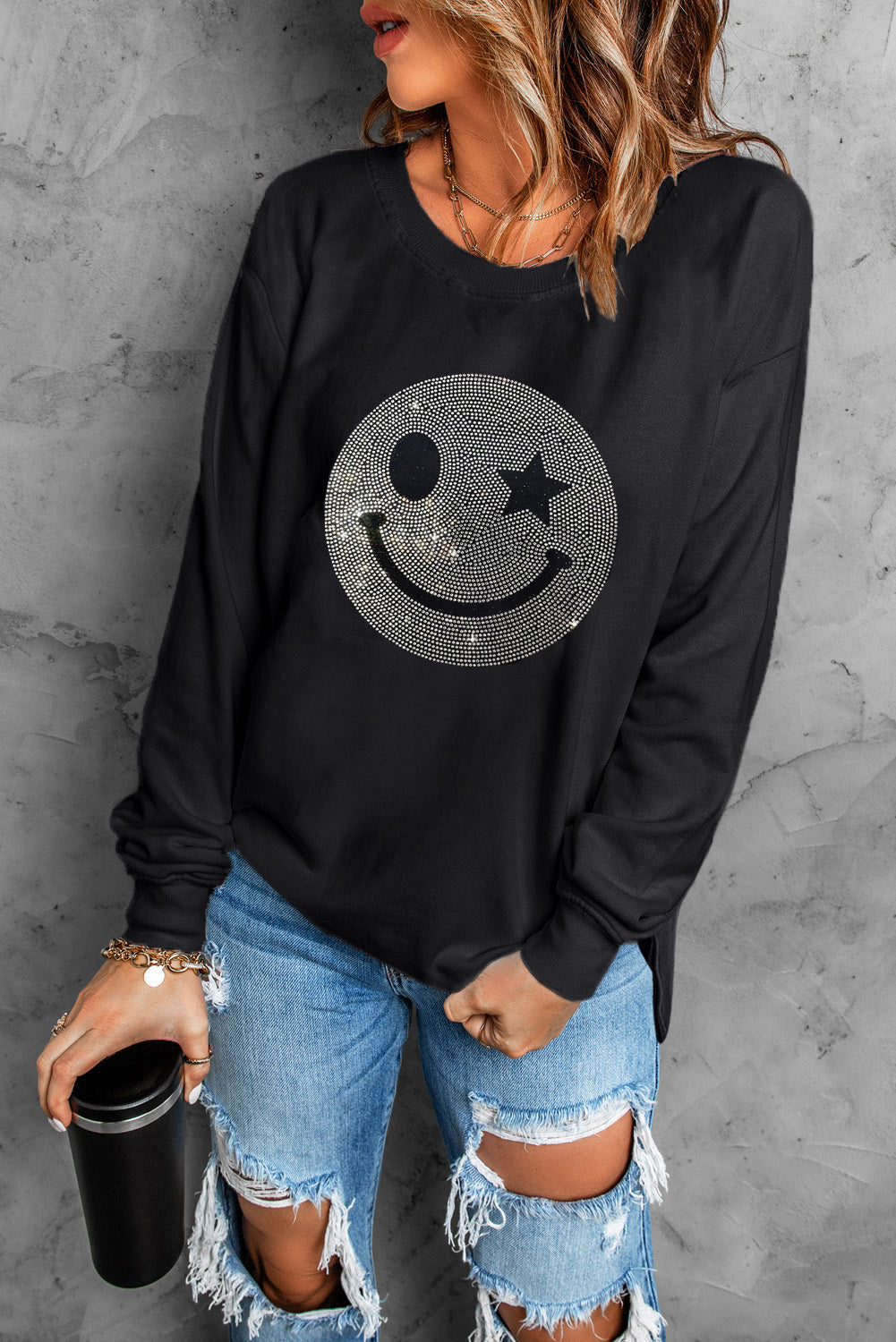 Black Rhinestone Smile Face Pattern High Low Hem Sweatshirt