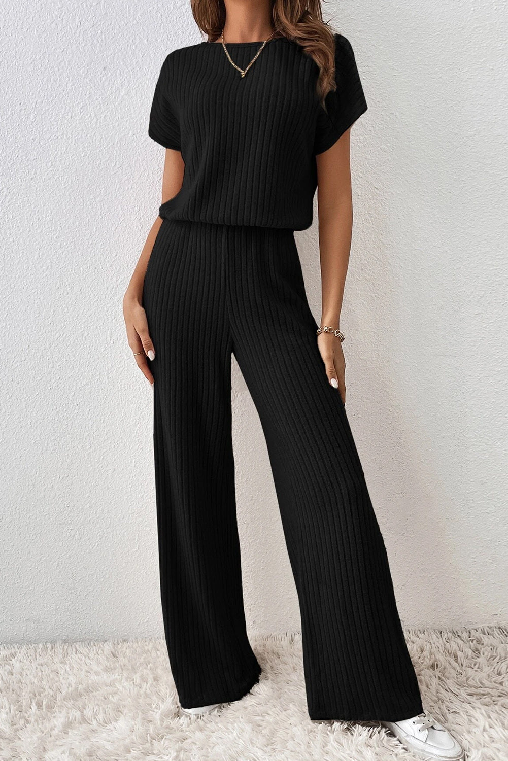 Black Solid Color Ribbed Short Sleeve Wide Leg Jumpsuit