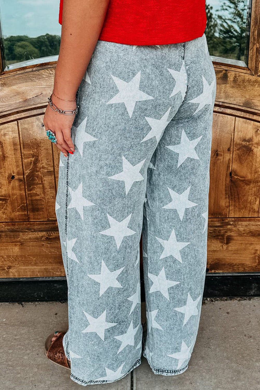 Light Blue Star Print Light Wash Drawstring High Waist Wide Leg Jeans