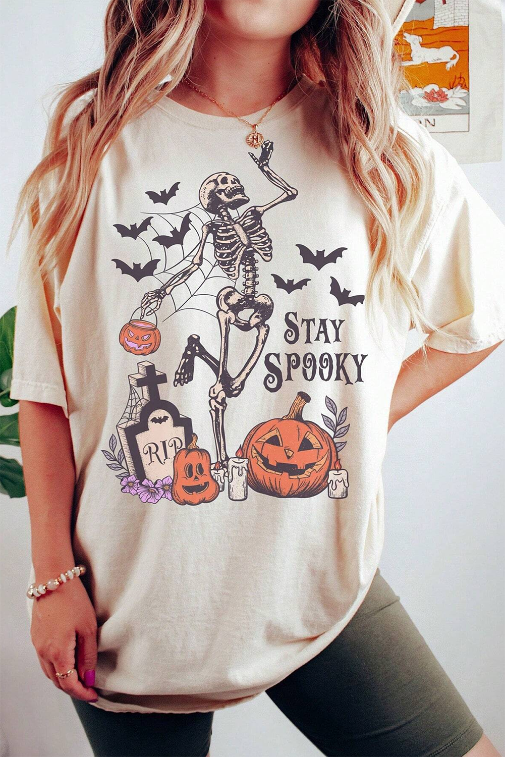 White Skull Pumpkin STAY SPOOKY Graphic Halloween T Shirt