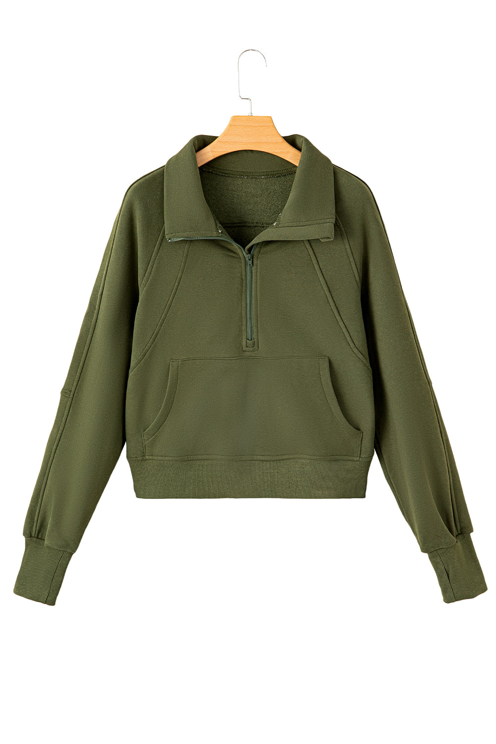 Green Zip Up Stand Collar Ribbed Thumbhole Sleeve Sweatshirt