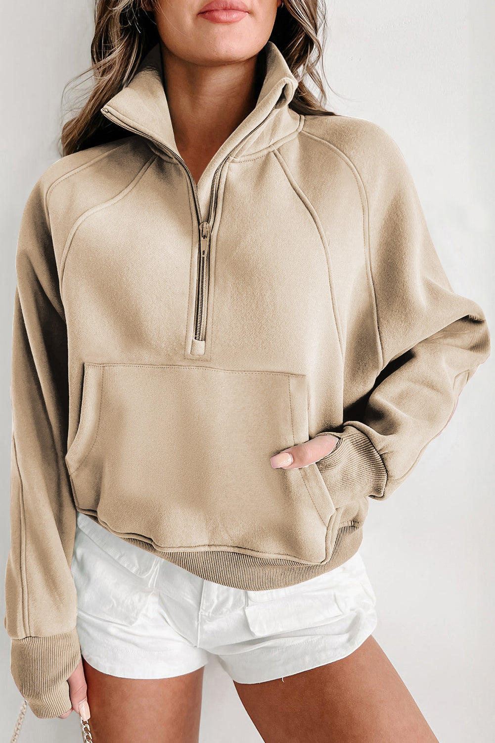 Green Zip Up Stand Collar Ribbed Thumbhole Sleeve Sweatshirt