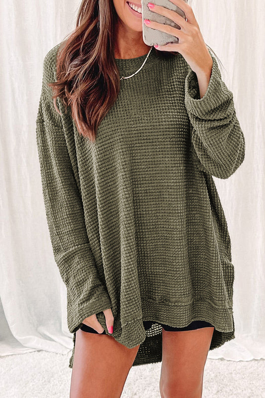 Green Waffle Knit Drop Sleeve High Slits Oversized Top