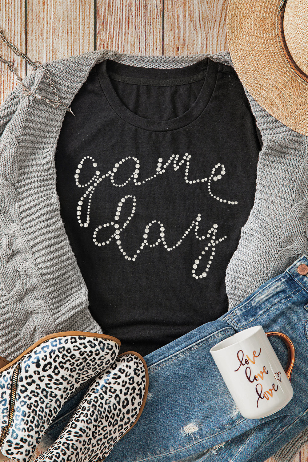 Black Game Day Letter Rhinestone Print Graphic Tee