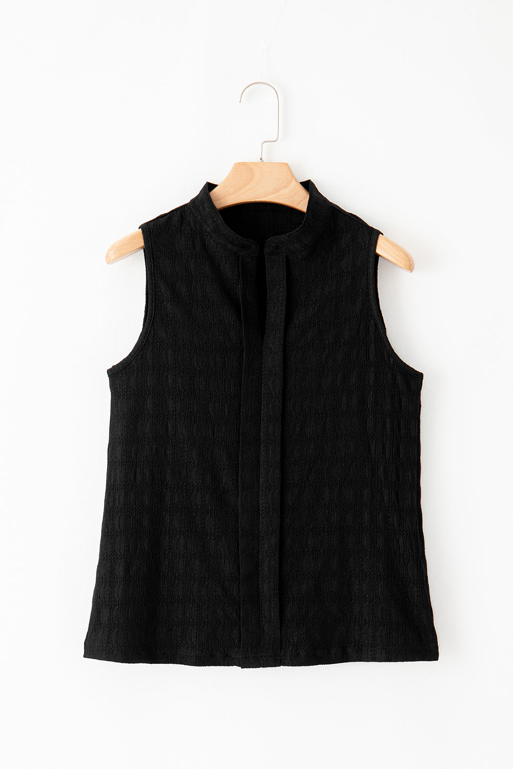 Black Textured Split V Neck Sleeveless Shirt