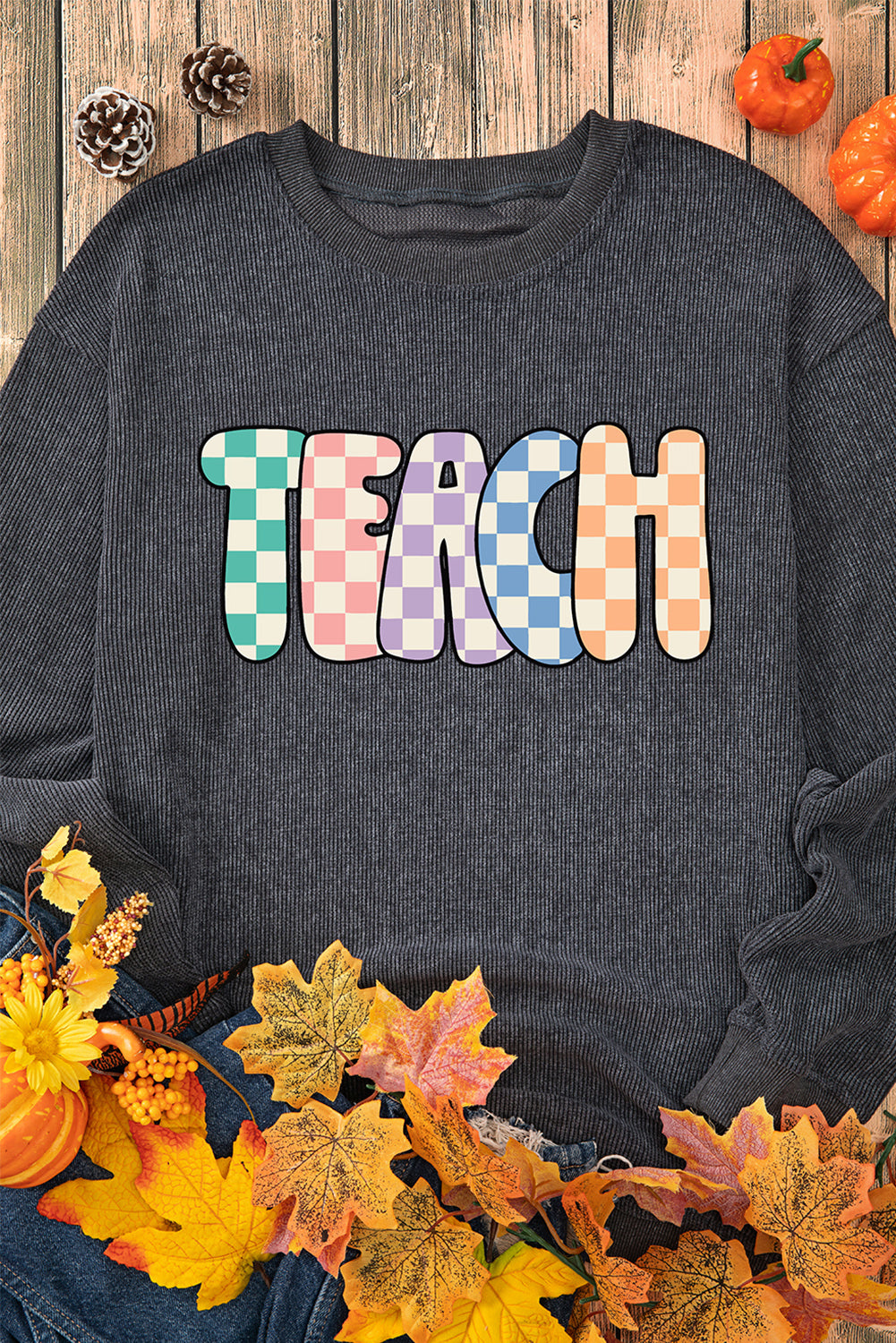 Gray Checkerboard TEACH Graphic Corded Crew Neck Sweatshirt