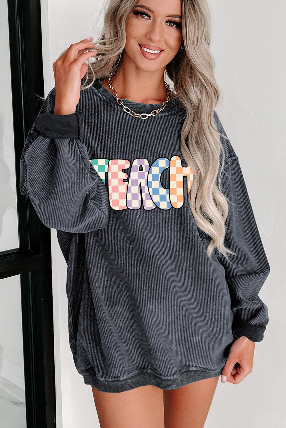 Gray Checkerboard TEACH Graphic Corded Crew Neck Sweatshirt