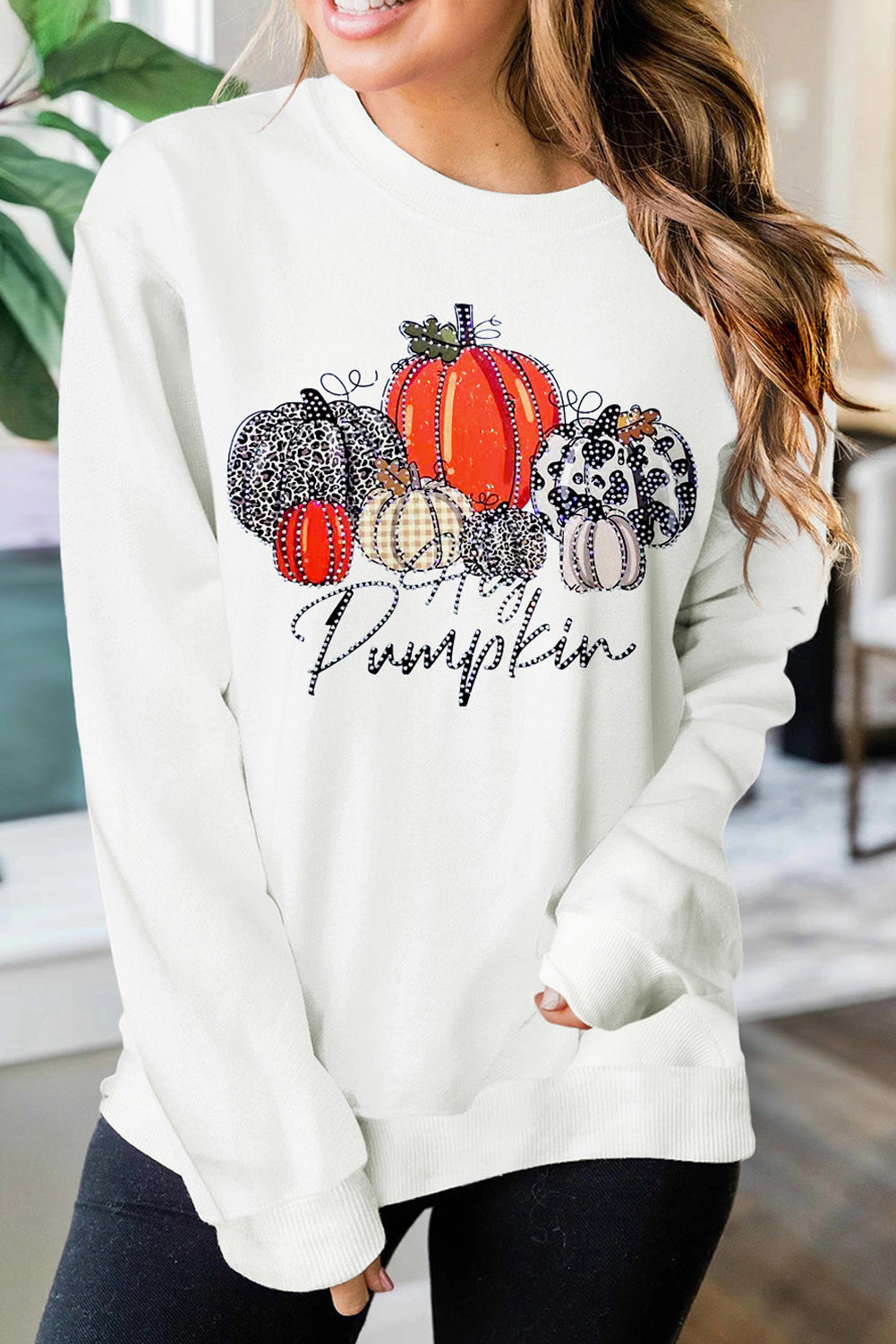 Beige Rhinestone Pumpkin Graphic Thanksgiving Sweatshirt