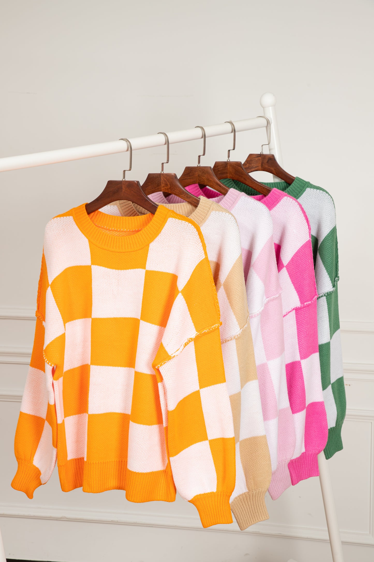 Pink Checkered Bishop Sleeve Sweater