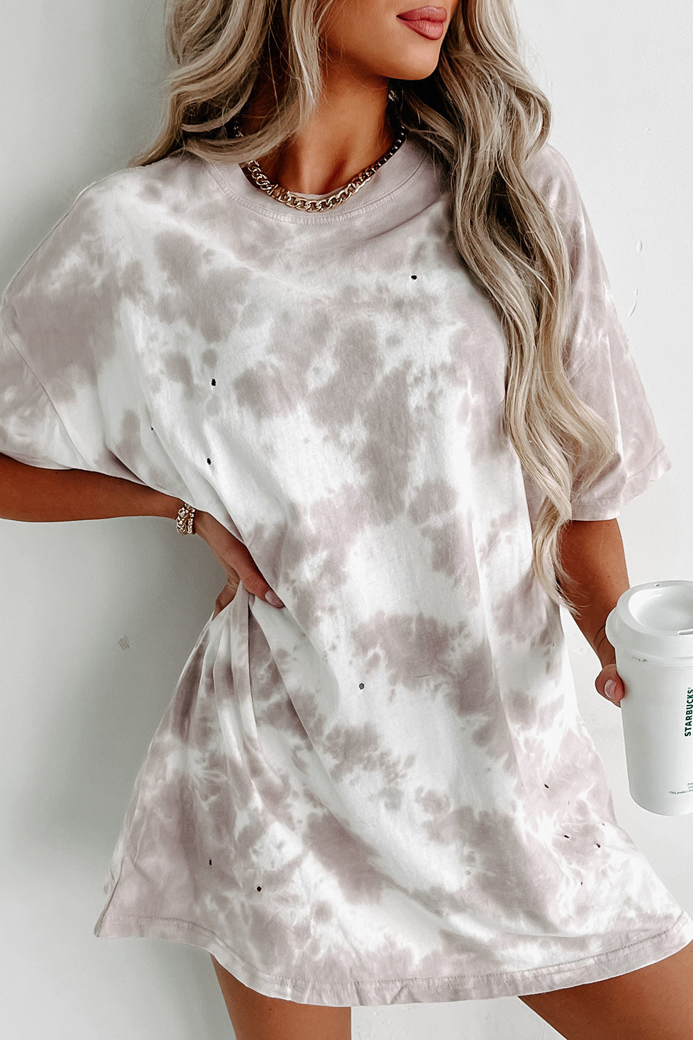 White Tie-dye Print Oversized Boyfriend T Shirt