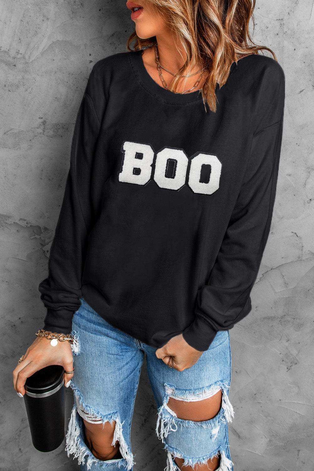 Black Chenille BOO Patched Pattern Crewneck Halloween Graphic Sweatshirt