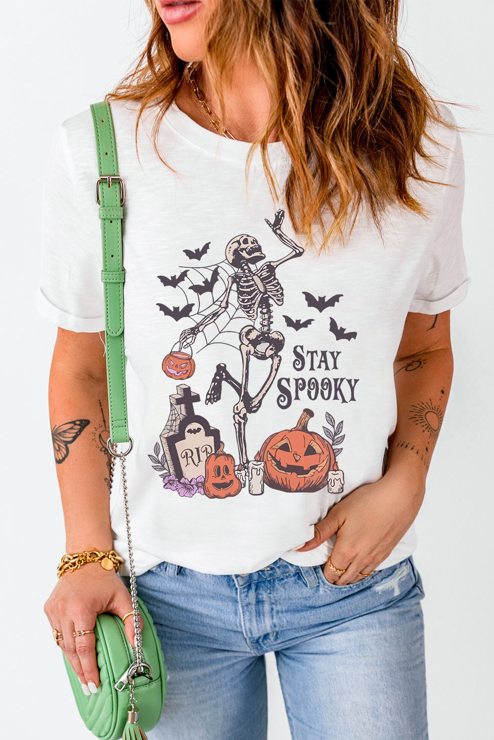 White Skull Pumpkin STAY SPOOKY Graphic Halloween T Shirt