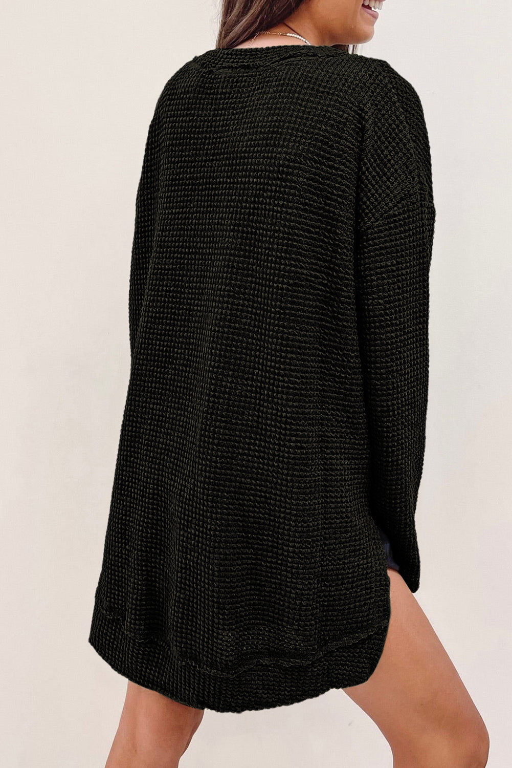 Green Waffle Knit Drop Sleeve High Slits Oversized Top