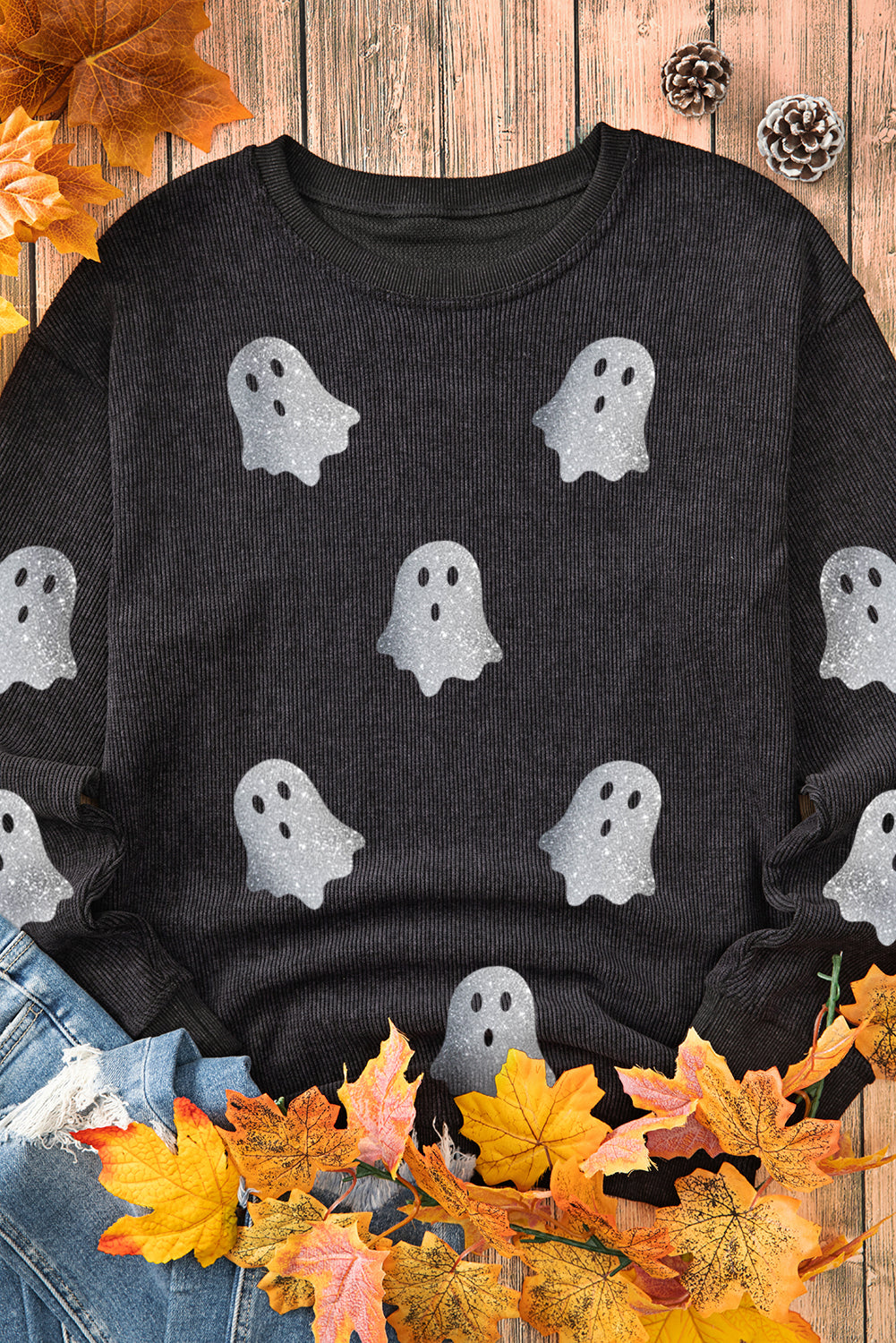 Blue Halloween Ghost Corded Crew Neck Loose Sweatshirt