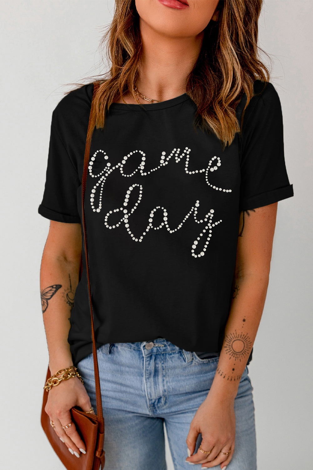 Black Game Day Letter Rhinestone Print Graphic Tee