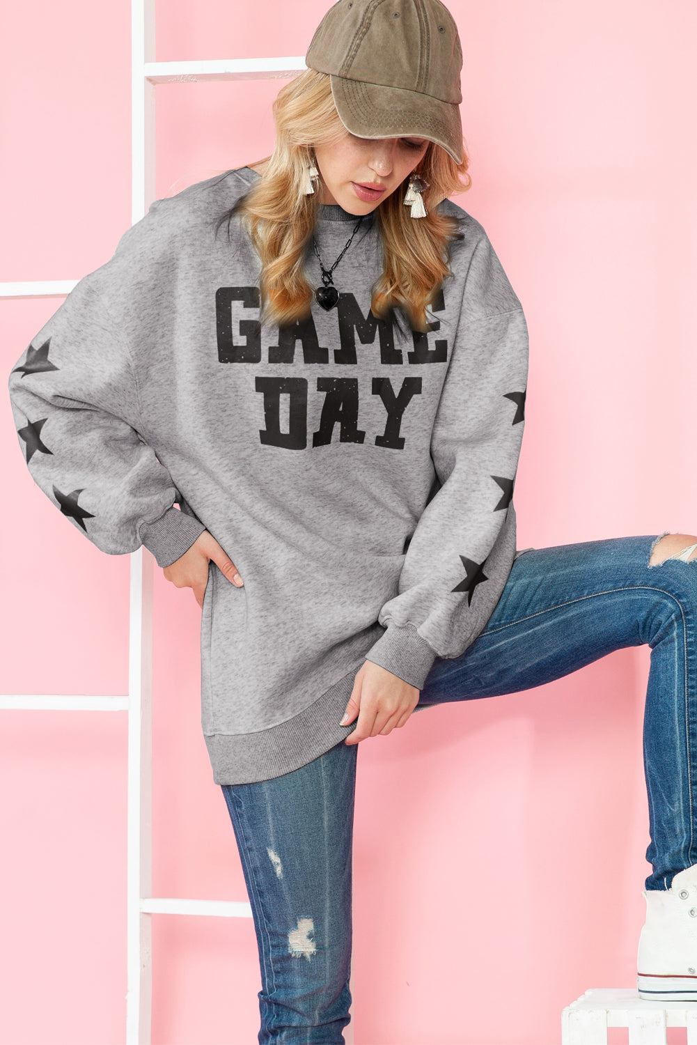 Black Lettering Game Day Print Star Sleeve Sweatshirt