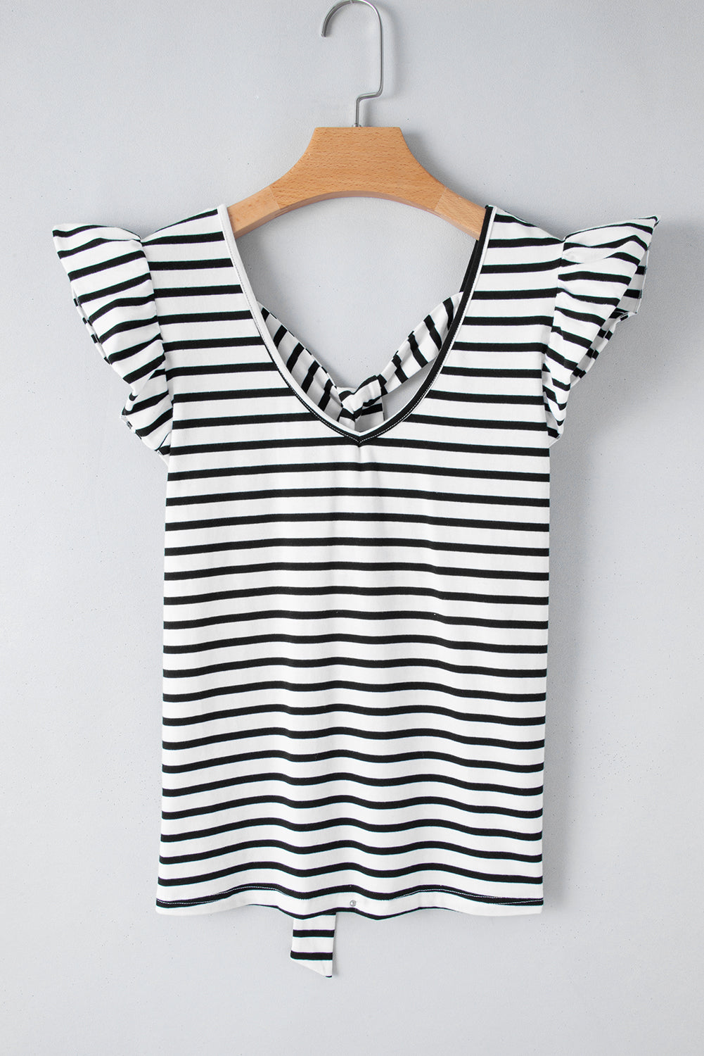 White Stripe V Neck Knotted Backless Ruffle T Shirt