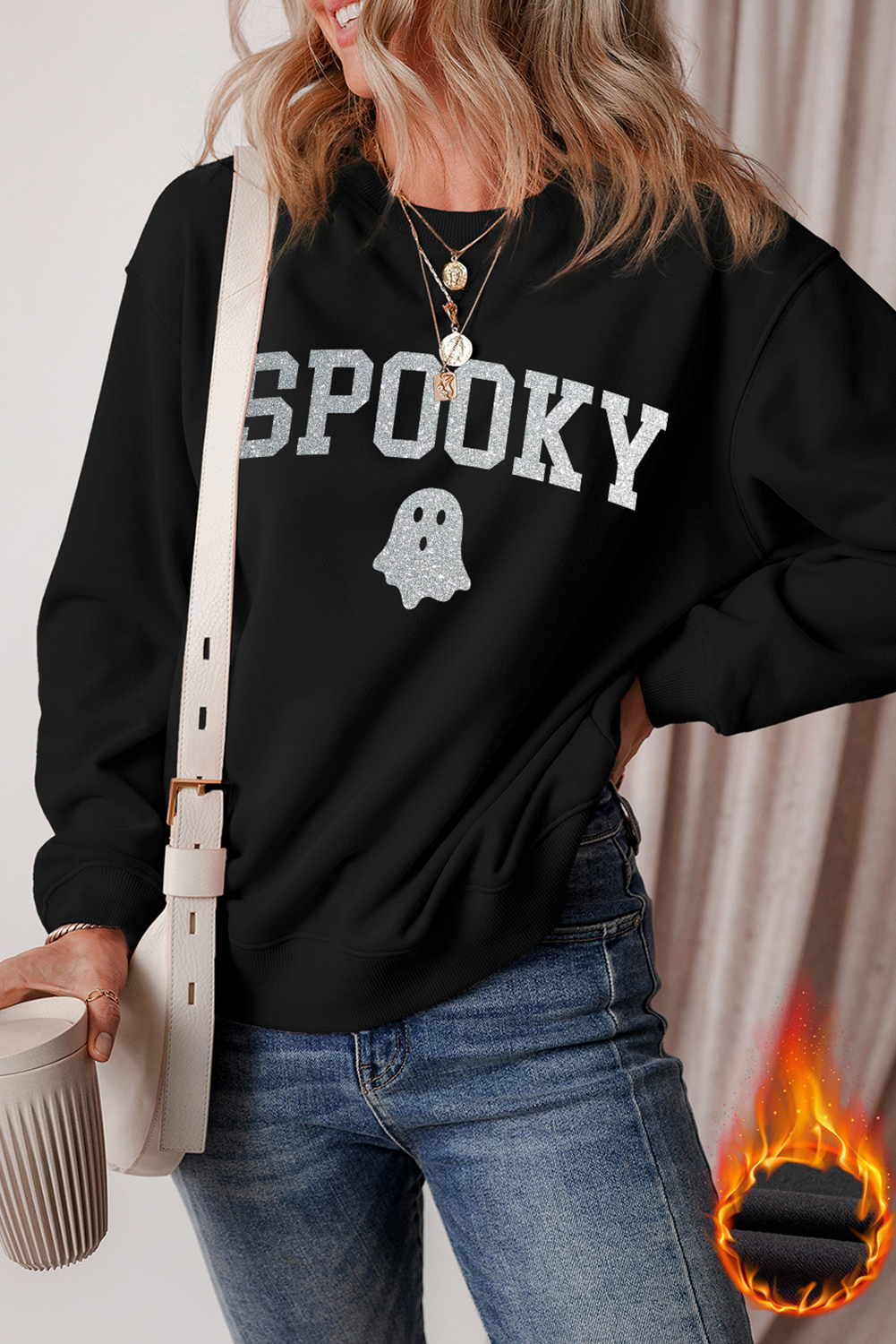 Black SPOOKY Ghost Glitter Pattern Crew Neck Halloween Sweatshirt