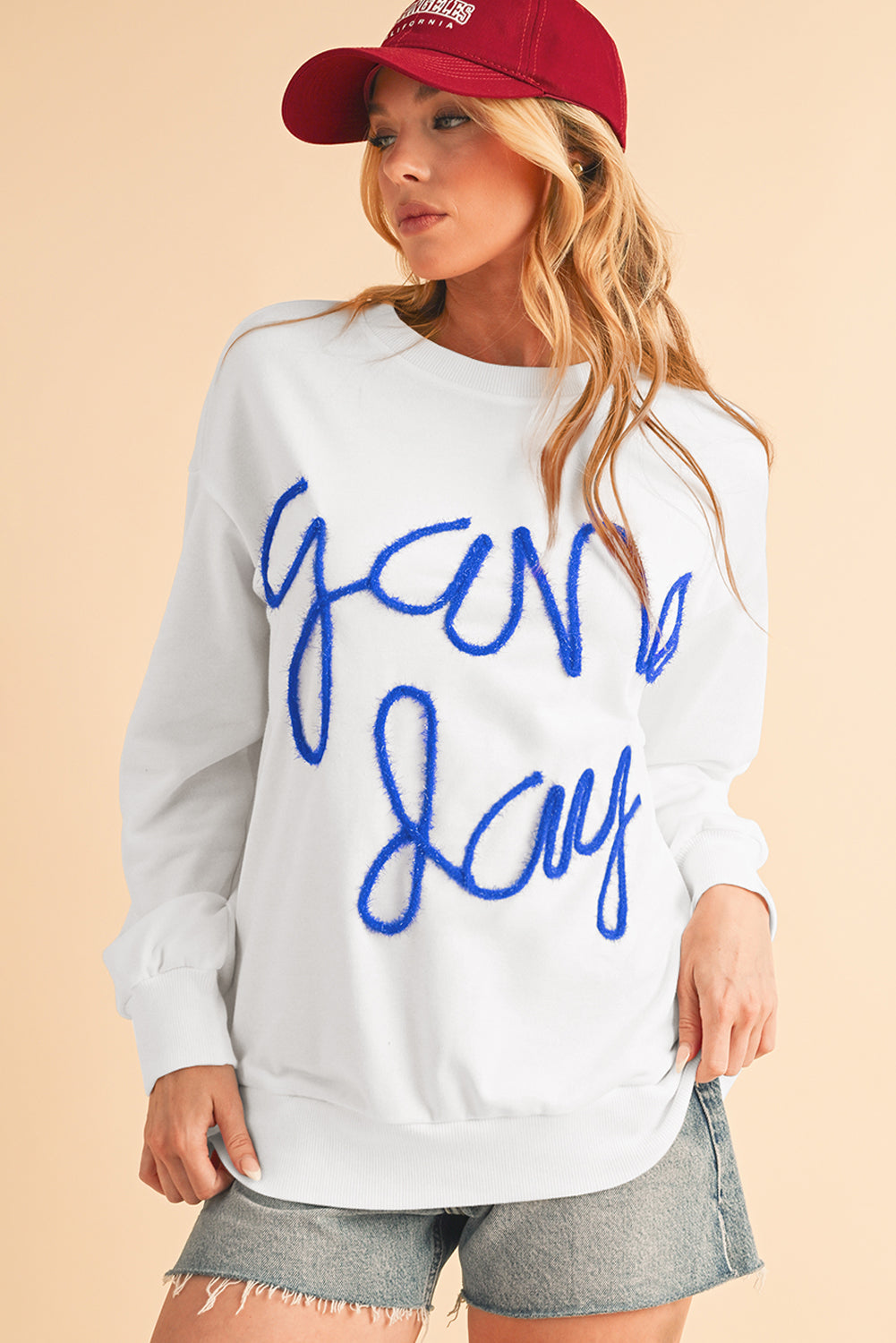 Dark Blue Tinsel Game Day Drop Shoulder Sweatshirt