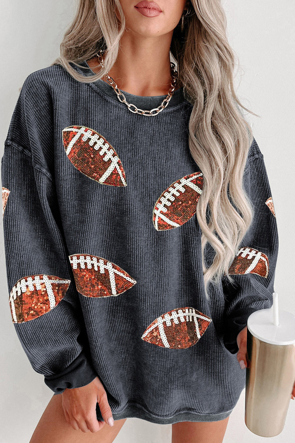 Green Sequin Rugby Graphic Corded Baggy Sweatshirt