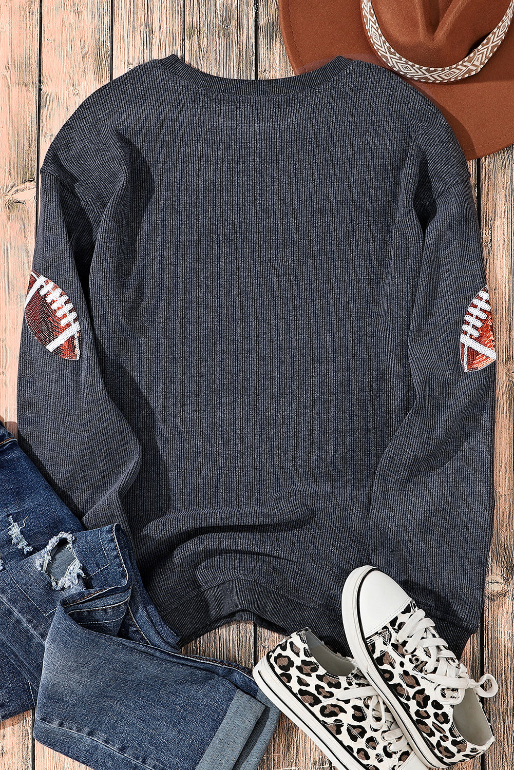 Green Sequin Rugby Graphic Corded Baggy Sweatshirt