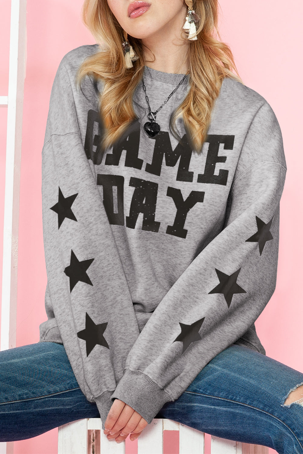 Black Lettering Game Day Print Star Sleeve Sweatshirt