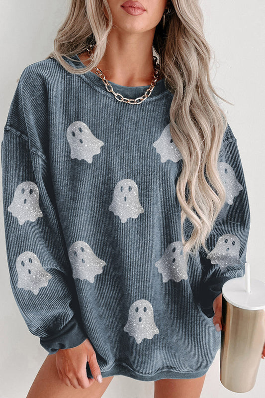 Blue Halloween Ghost Corded Crew Neck Loose Sweatshirt