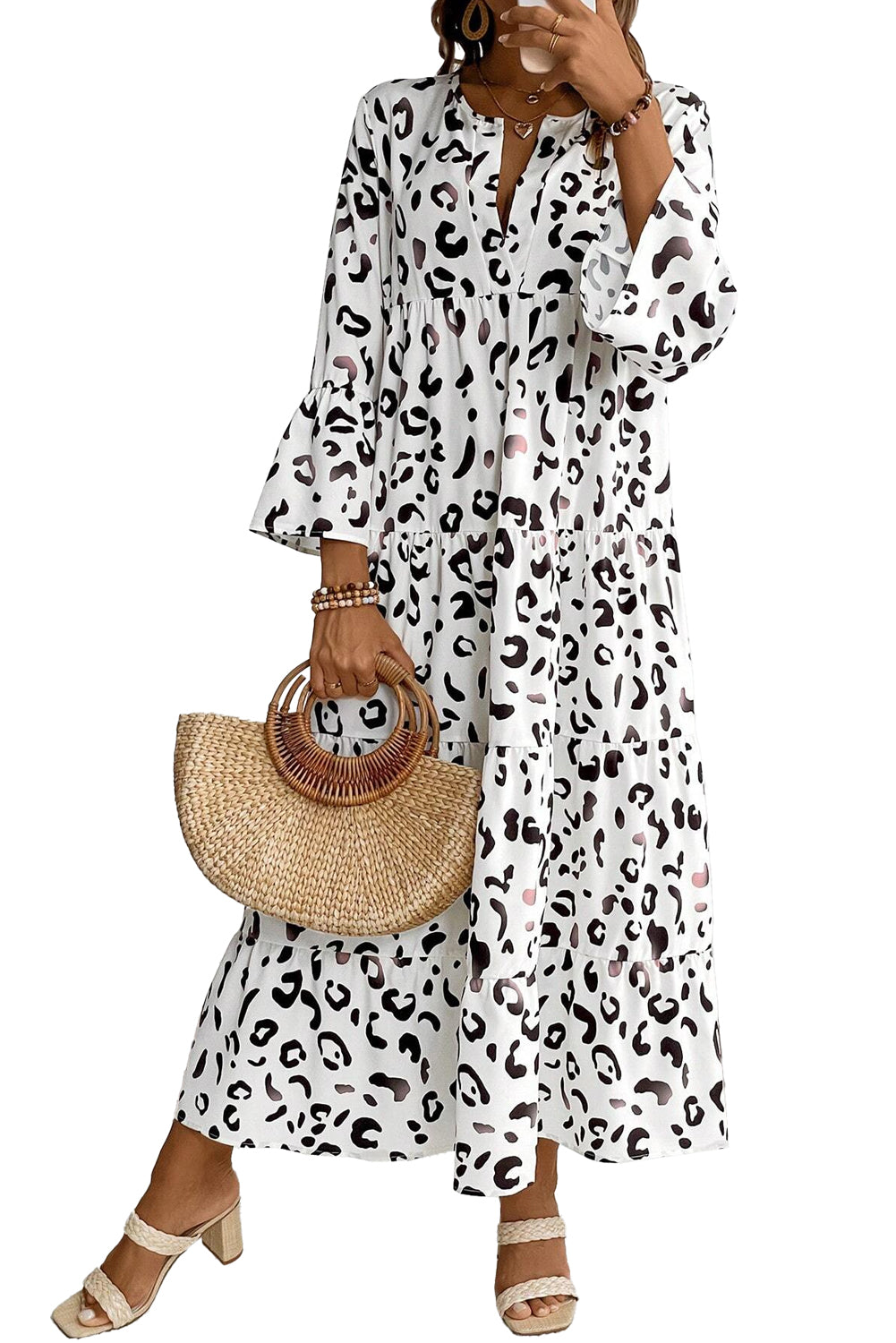 White Leopard Print Notch V Neck Loose Fit Maxi Dress