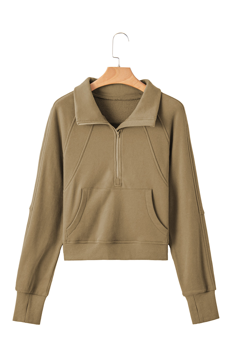 Green Zip Up Stand Collar Ribbed Thumbhole Sleeve Sweatshirt