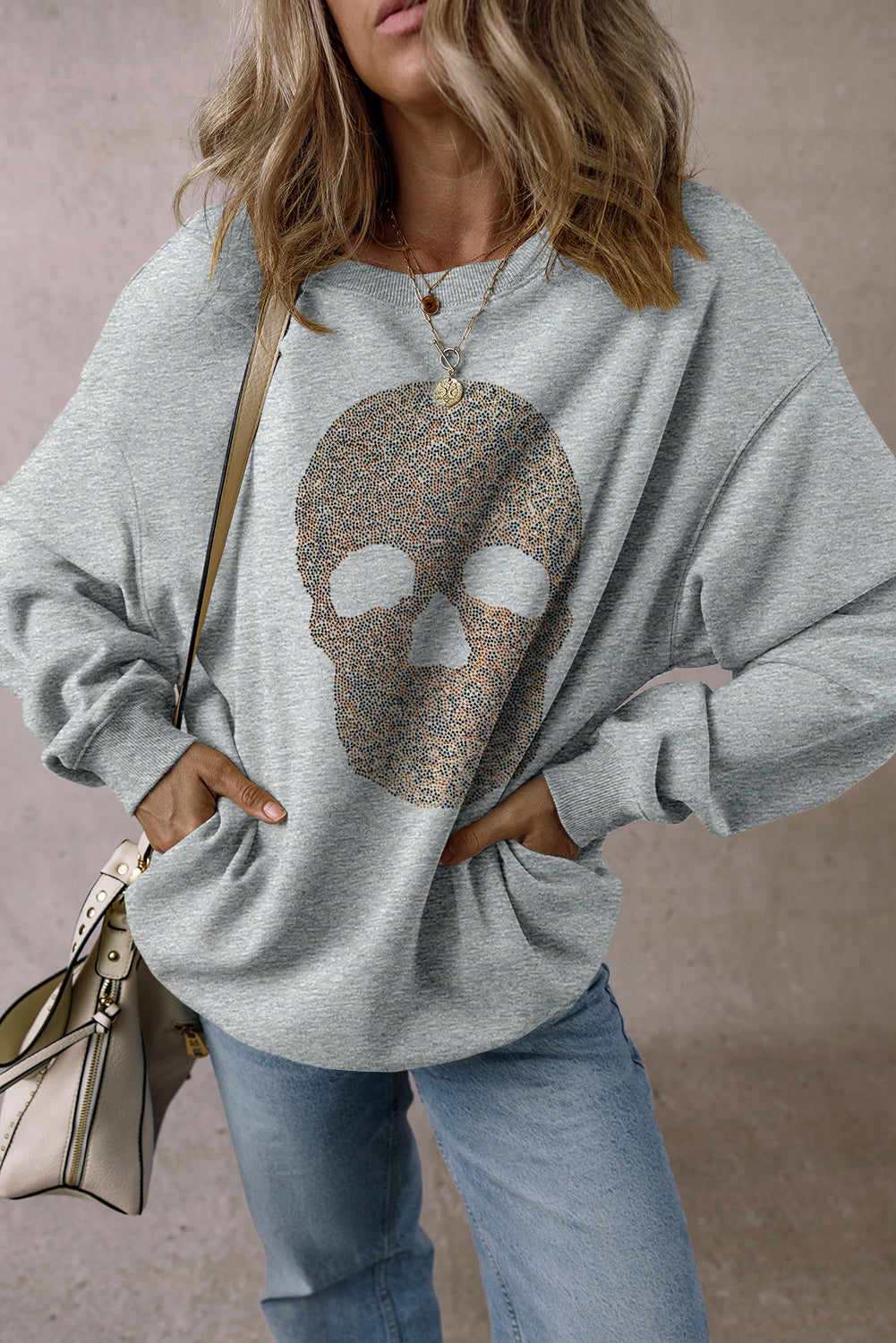 Light Grey Rhinestone Skull Graphic Drop Shoulder Sweatshirt