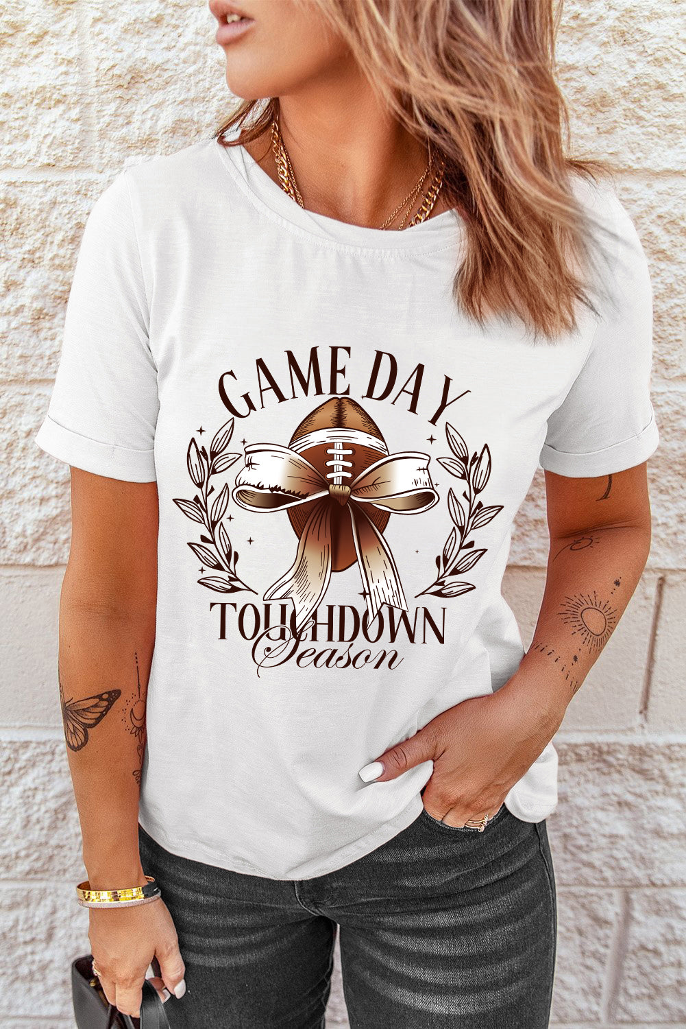 White GAME DAY Bowknot Rugby Graphic T Shirt