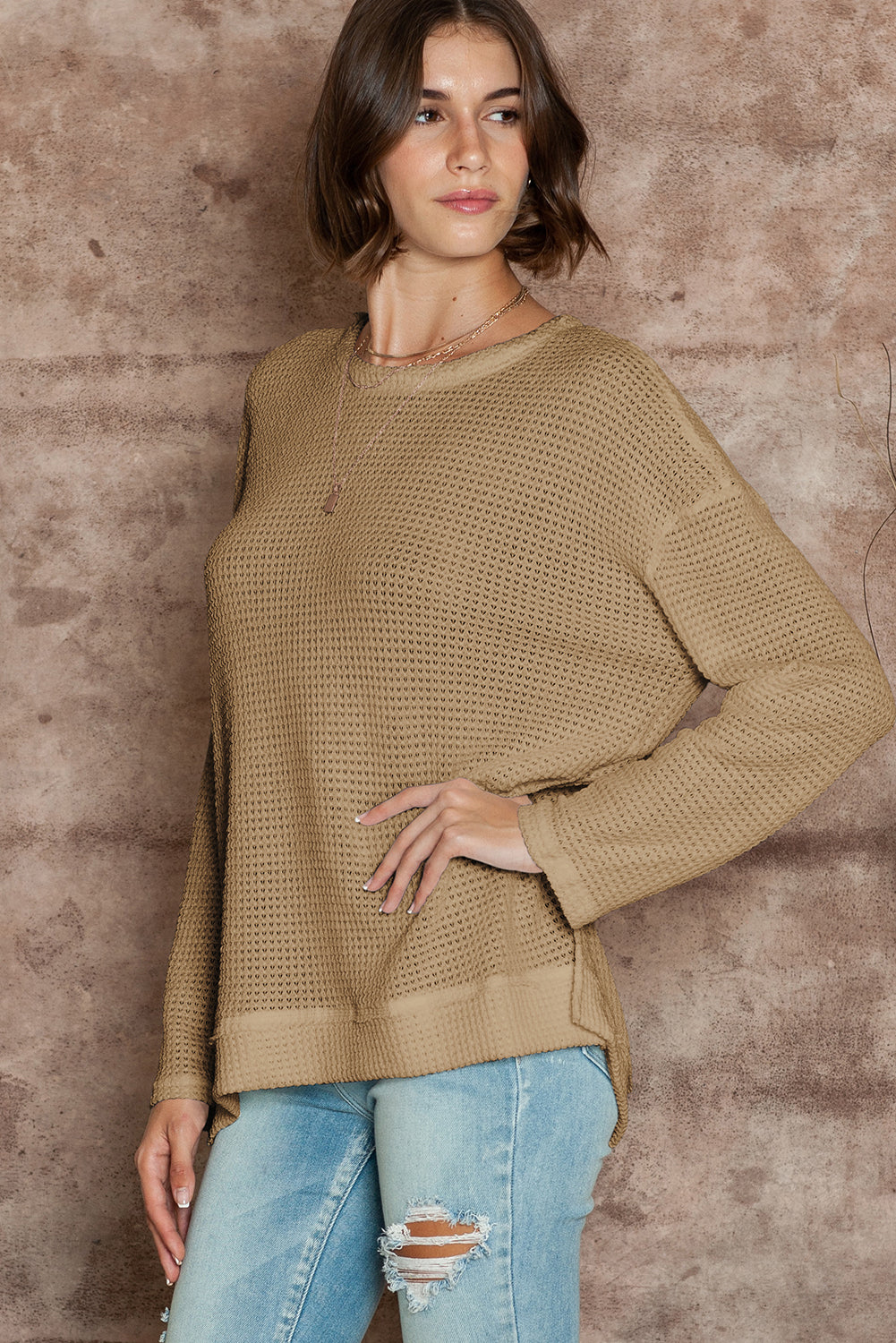 Green Waffle Knit Drop Sleeve High Slits Oversized Top