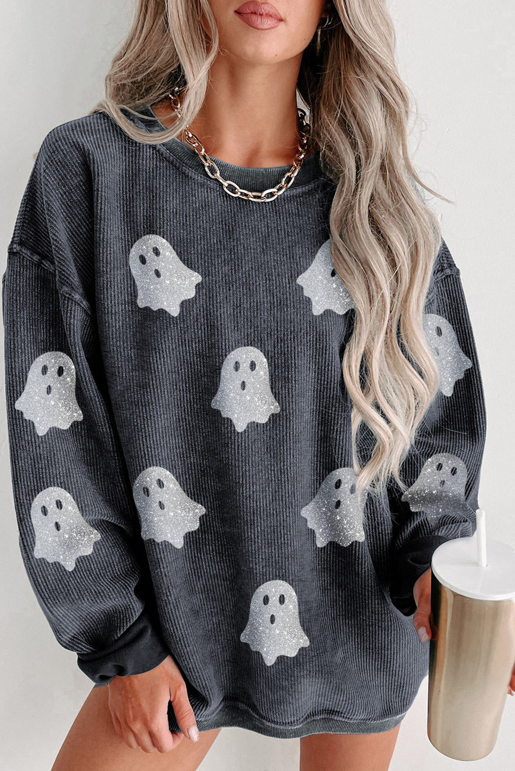 Blue Halloween Ghost Corded Crew Neck Loose Sweatshirt