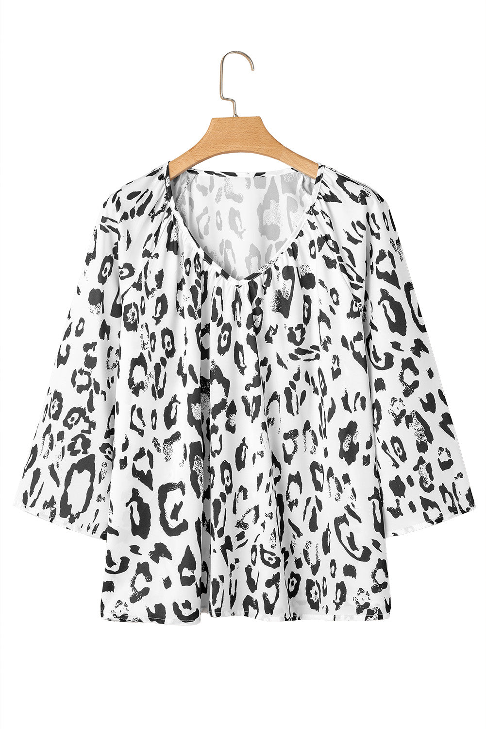 Khaki Leopard Print V Neck 3/4 Sleeve Blouse