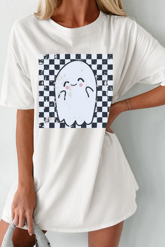 White Checkered Ghost Print Crew Neck Oversized T Shirt