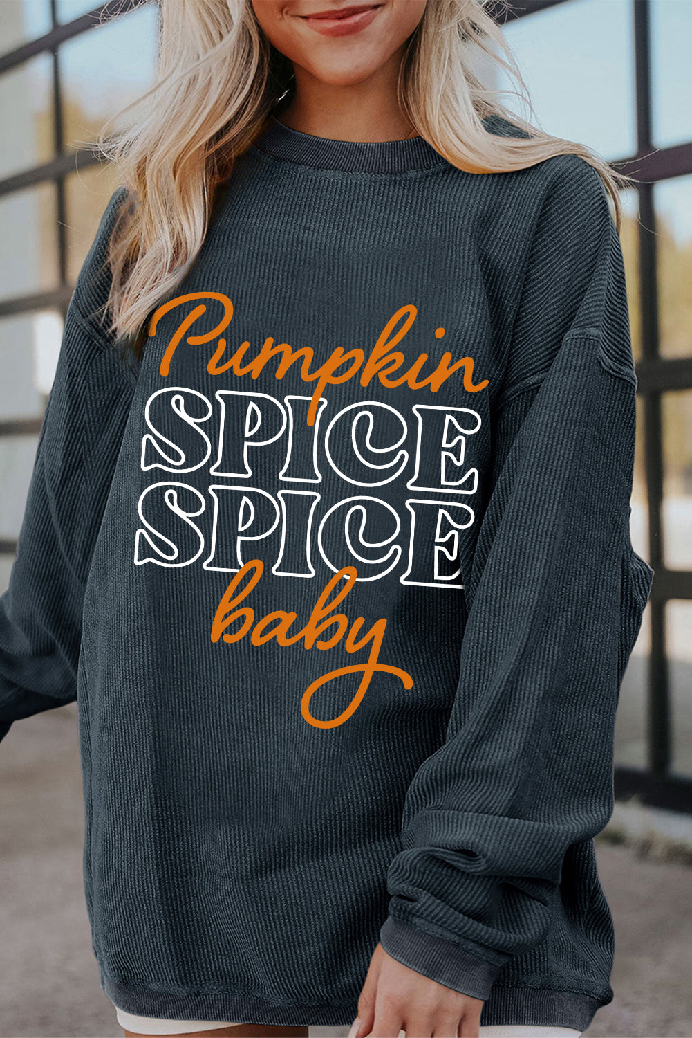 Dark Grey Thanksgiving Pumpkin Spice Baby Graphic Textured Sweatshirt