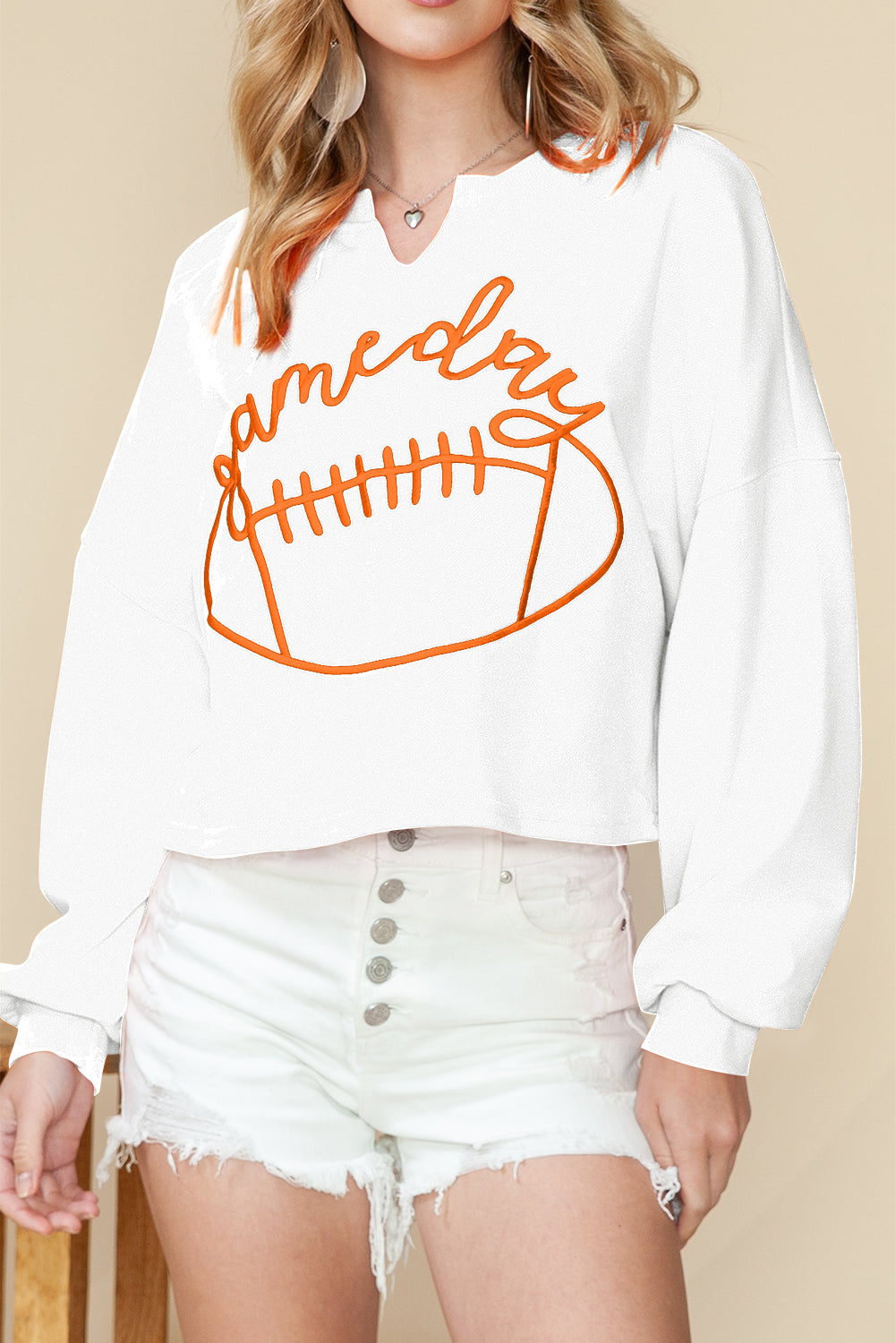 Orange Game Day Lettering Rugby Notched Neck Cropped Sweatshirt