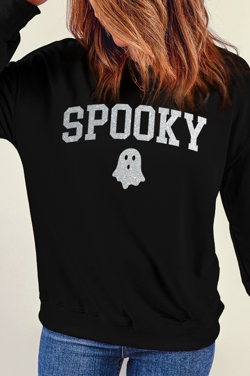 Black SPOOKY Ghost Glitter Pattern Crew Neck Halloween Sweatshirt