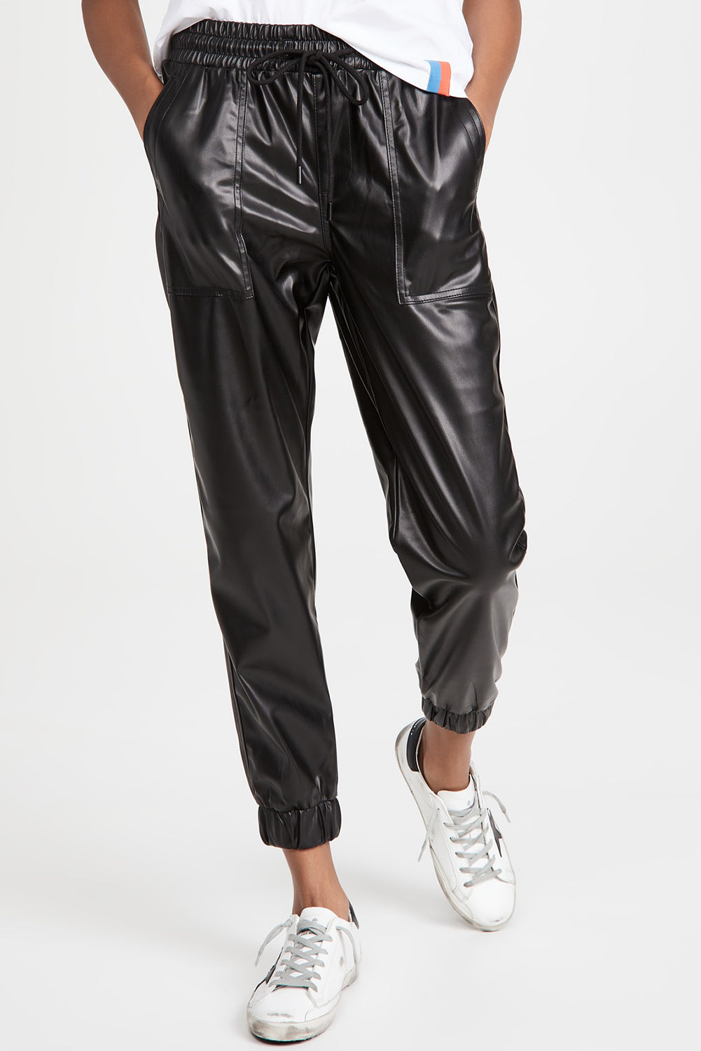 Black Faux Leather Smocked Waist Drawstring Cropped Pants