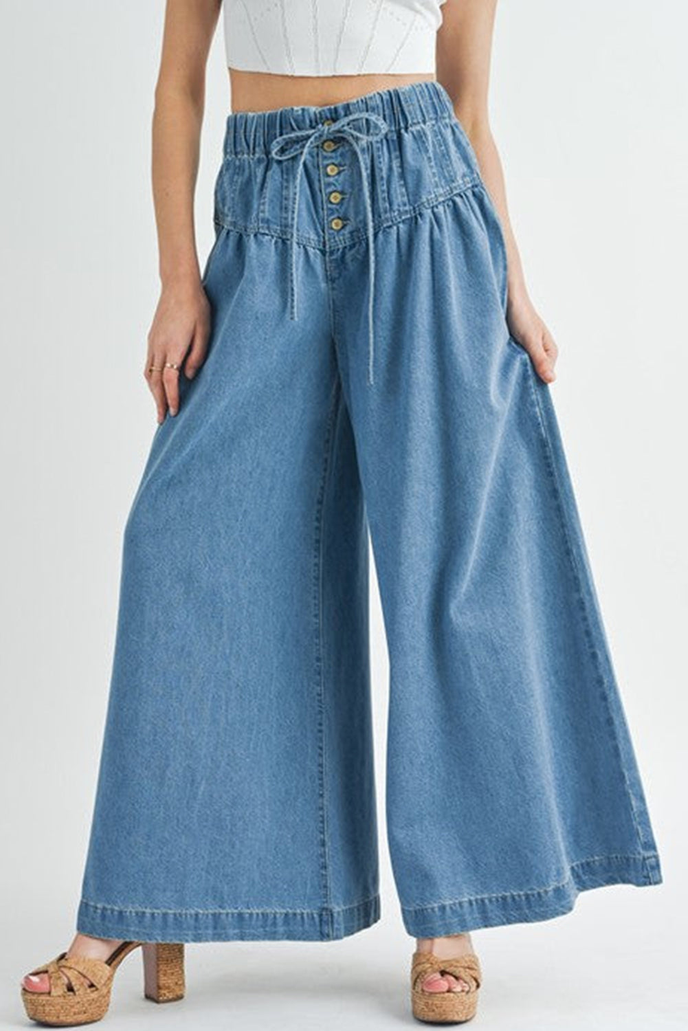 Carbon Grey Mineral Wash Button High Waist Wide Leg Jeans