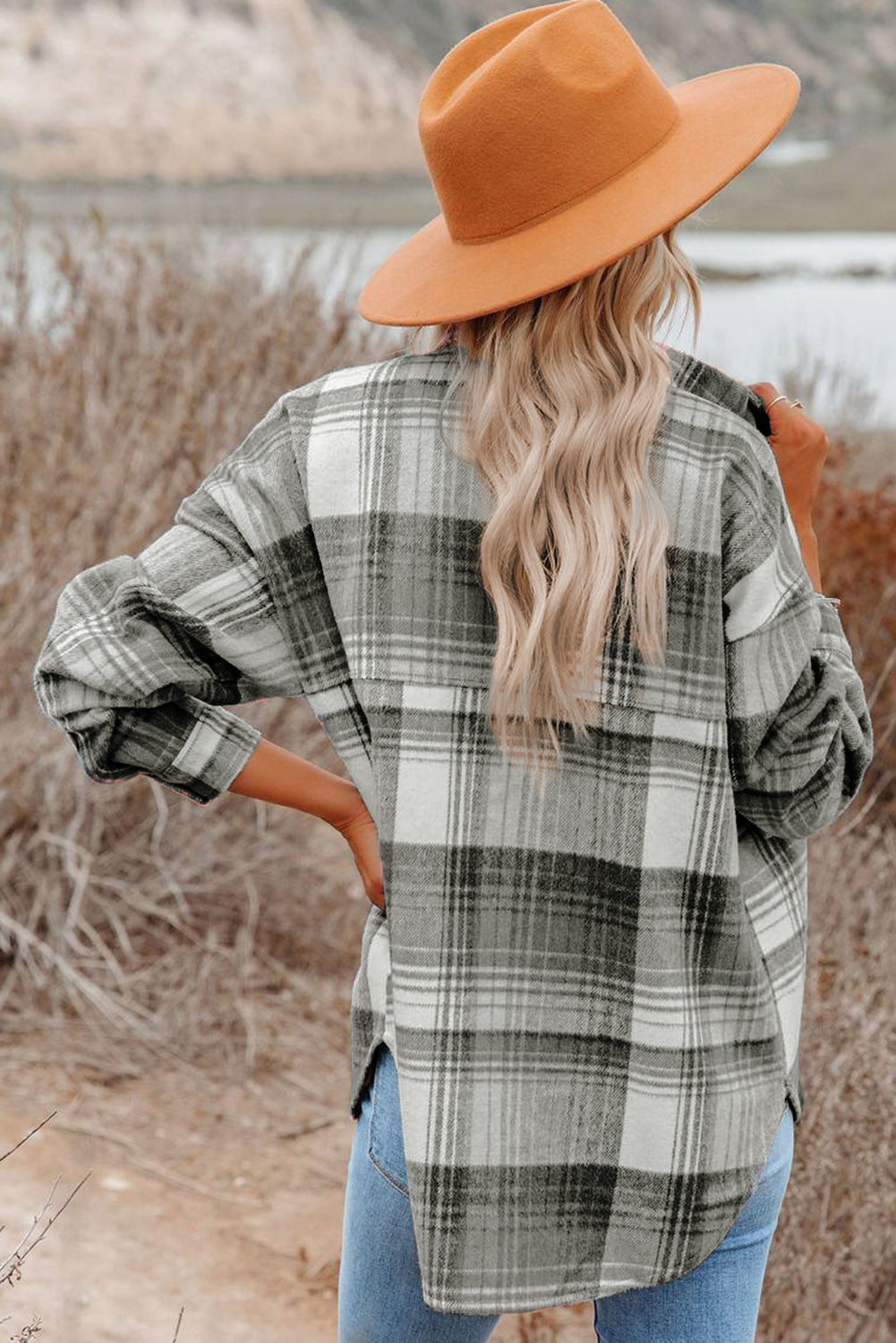 Gold Flame & Grey Plaid Button Up Collared Flannel Shacket