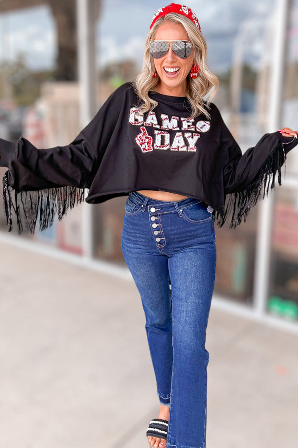 Black GAME DAY Rugby Sequin Tassel Cropped Sweatshirt