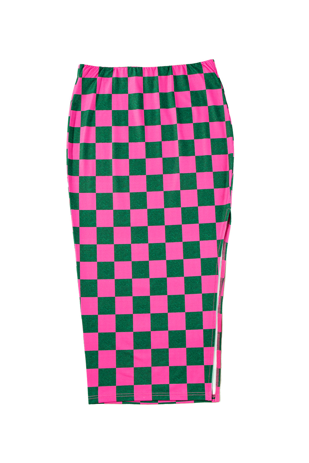 Rose Checkered Print Side Slit Slim Fit Midi Skirt