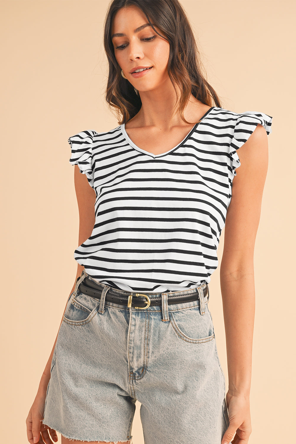 White Stripe V Neck Knotted Backless Ruffle T Shirt