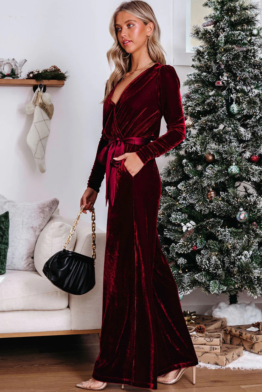 Burgundy Velvet Pocketed Cut Out Back Wide Leg Jumpsuit