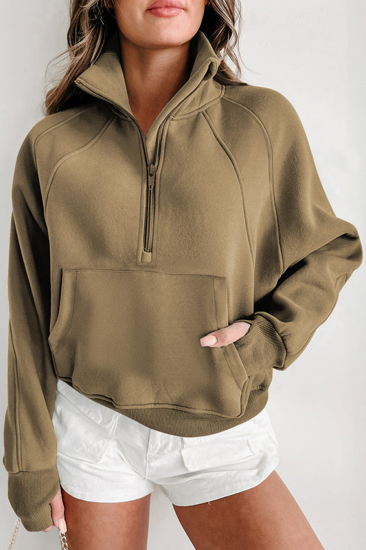 Green Zip Up Stand Collar Ribbed Thumbhole Sleeve Sweatshirt