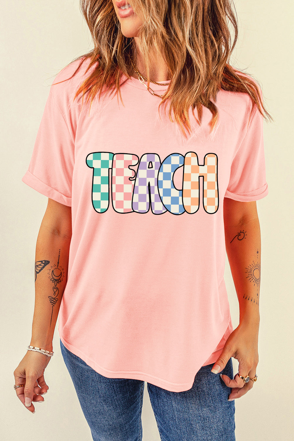 Pink Checkerboard TEACH Graphic Crew Neck T Shirt